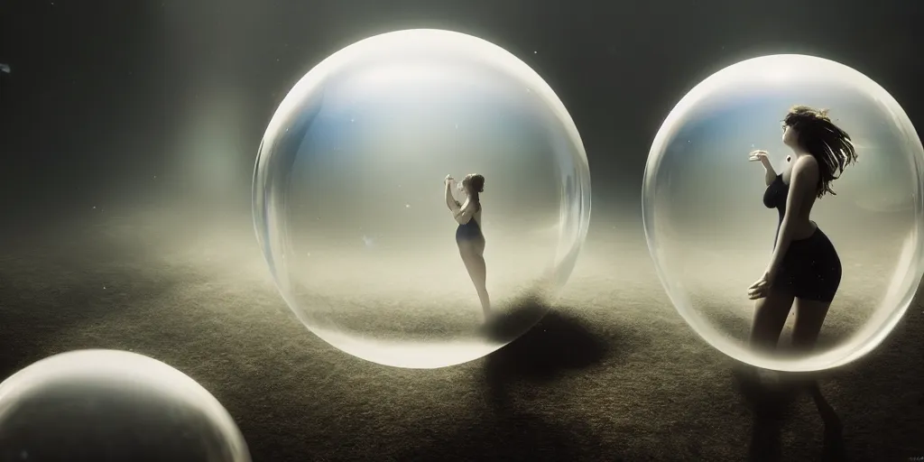 Prompt: a beautiful woman swimming inside a bubble spherical celestial biomechanics, 1 6 k, photorealistic, cinematic composition, movie concept art, cinematic composition 8 k, intricate detail, high detail, hd, octane render, unreal engine, v - ray, cinematic lighting, octane, volumetric lighting, dark moody lighting, atmosphere, smoke, fog, matte painting, extreme long shot