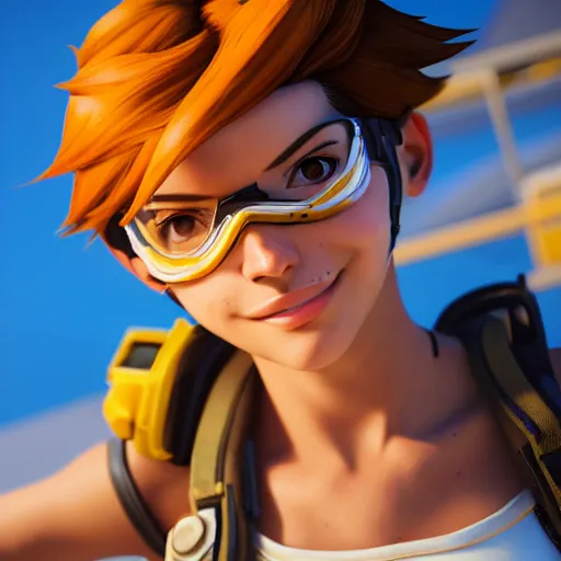 Image similar to Render of Tracer from Overwatch, long hair, hazel eyes, cute freckles, full round face, short smile, cute sundress, golden hour, serene beach setting, medium shot, mid-shot, highly detailed, trending on Artstation, Unreal Engine 4k