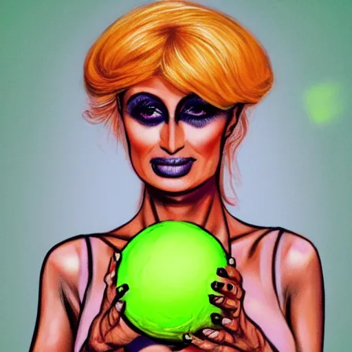 Image similar to a Paris Hilton, woman, paris hilton tennis ball monster, tennis ball, chalk, digital art, fantasy, magic, trending on artstation, ultra detailed, professional illustration by Basil Gogos