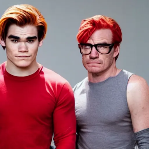 Prompt: kj apa, who has red hair, in the same room with walter white, who is bald, still from breaking bad