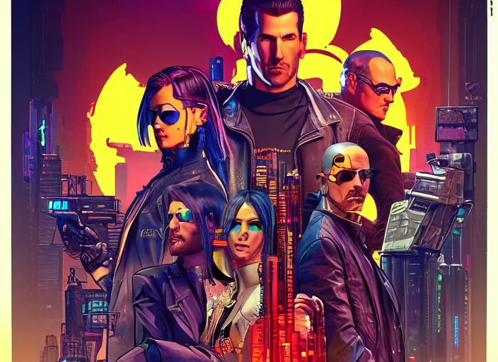 Image similar to cyberpunk hitmen. portrait by stonehouse and mœbius and will eisner and gil elvgren and pixar. character design. realistic proportions. cyberpunk 2 0 7 7 character art, blade runner 2 0 4 9 concept art. cel shading. attractive face. thick lines. the team. diverse characters. artstationhq.