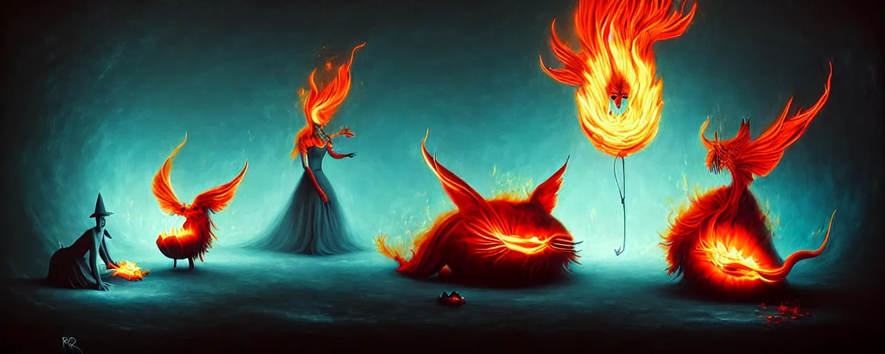 Image similar to whimsical fiery alchemical creatures, surreal dark uncanny painting by ronny khalil