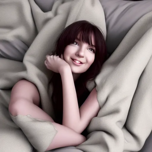 Image similar to 3 d render of a cute thin young woman, red blush, wearing casual clothes, small smile, relaxing on a couch, cuddling up under a blanket, cozy living room, medium shot, 8 k, octane render, trending on artstation, art by artgerm, unreal engine 5, hyperrealism, hyperdetailed, ultra realistic