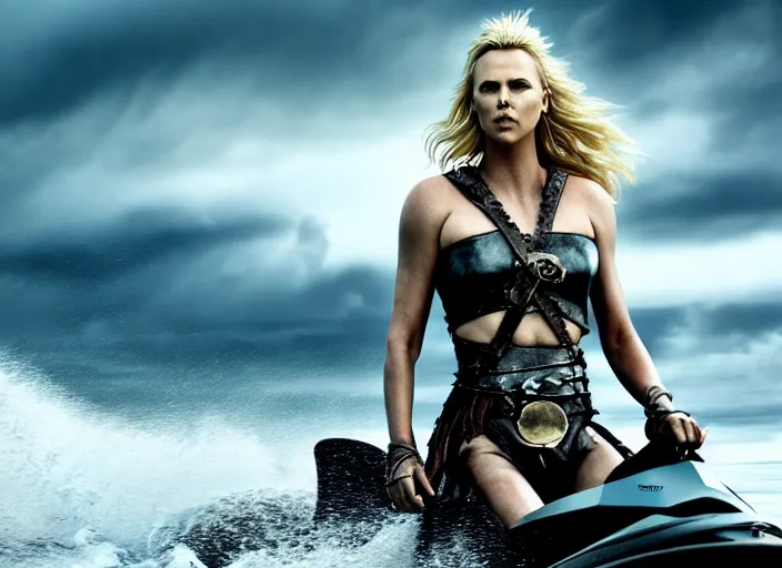 Image similar to dramatic photo of charlize theron as a viking women with weapons riding on a jet ski, wearing skin - tight futuristic valkerie bikini, rough seas in background, lightning storms, water world, mad max, hyper - realistic, highly detailed, accurate, 8 k octane render, 2 8 mm, wide angle, rule of thirds