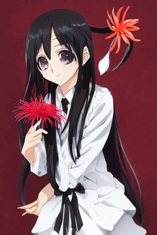 Image similar to Key anime visual of a beautiful girl with black hair and red eyes holding a spider lily; wearing white blouse with black tie; trending on Pixiv; digital art