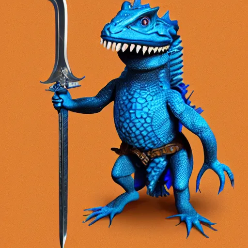 Prompt: a blue lizard warrior who is wearing a silly hat, highly detailed, fantasy, dnd, wearing armor, holding a sword