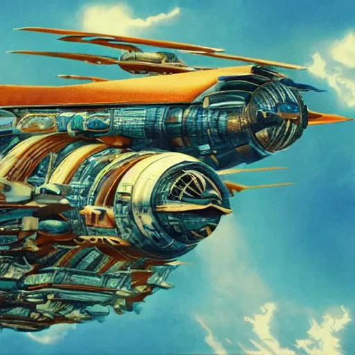 Prompt: cinematic still of hyper detailed realistic highly technical greeble hard surface modelled afro futurist spaceport, surreal flying aircraft, deep perspective, wide angle, insanely detailed and intricate, teal gold and orange color scheme, bernie wrightson