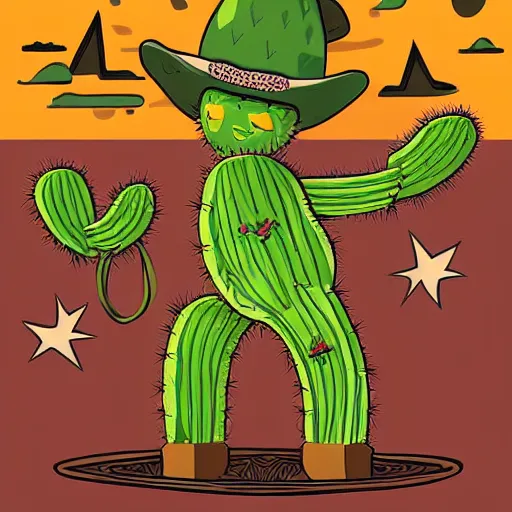 Prompt: anthropomorphic cactus wearing cowboy outfit, higher detailed illustration, badass composition