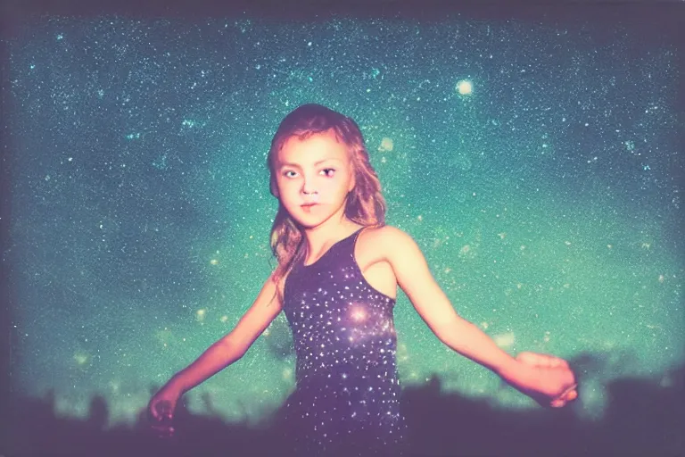 Image similar to blured dancing girl on night vision, focused background night sky with stars, polaroid photo