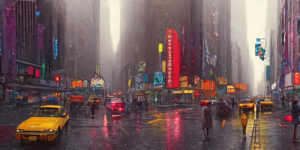 Image similar to a film still of a street scene on a rainy but colourful day in new york. wide shot, wes anderson, studio ghibli, pixar and disney animation, sharp, rendered in unreal engine 5, anime key art by greg rutkowski, bloom, dramatic lighting