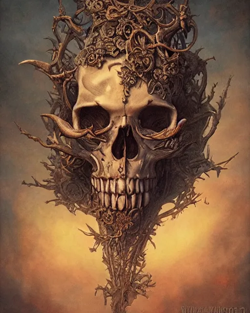 Prompt: a beautiful detailed front view of a dead rotten skull with ornate growing around, ornamentation made of baroque architecture, elegant, beautifully soft lit, by wayne barlowe, peter mohrbacher, kelly mckernan