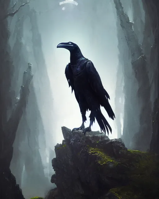 Image similar to oil painting of a Anthropomorphized raven shaman and dragon, sharp focus, fantasy artwork, octane render, volumetric lighting, 8k high definition, by greg rutkowski, highly detailed, trending on art Station, magic the gathering artwork, Woodland background, centered