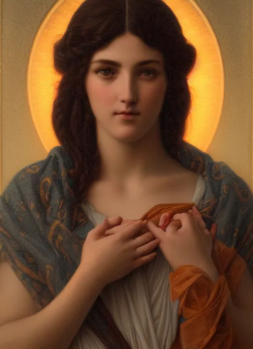 Image similar to beautiful art portrait by John William Godward and Anna Dittman depicting saint mary, evening, atmospheric lighting, intricate detail, cgsociety, hyperrealistic, octane render, ambient light, dynamic lighting