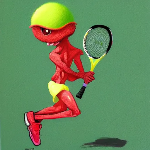 Image similar to a tennis ball monster ,tennis ball, tennis racket, colorful, digital art, fantasy, magic, trending on artstation, ultra detailed, professional illustration by Basil Gogos