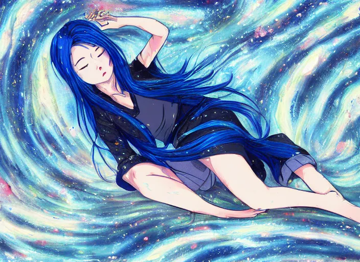 Image similar to a woman with blue hair laying on the ground with her head down, a detailed painting by rei kamoi, featured on pixiv, space art, official art, anime, toonami