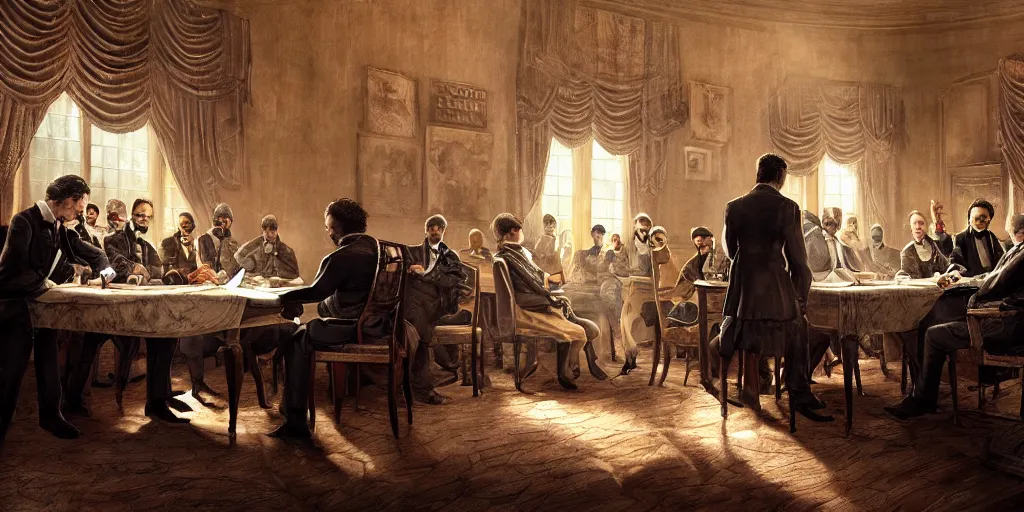 Image similar to five score years ago, a great american, in whose symbolic shadow we stand today, signed the emancipation proclamation. ultrafine colored illustration, hyperrealistic, cinematic atmosphere, intricate linework, sharp focus, octopath traveler, final fantasy, unreal engine highly rendered, global illumination, radiant light, intricate environment