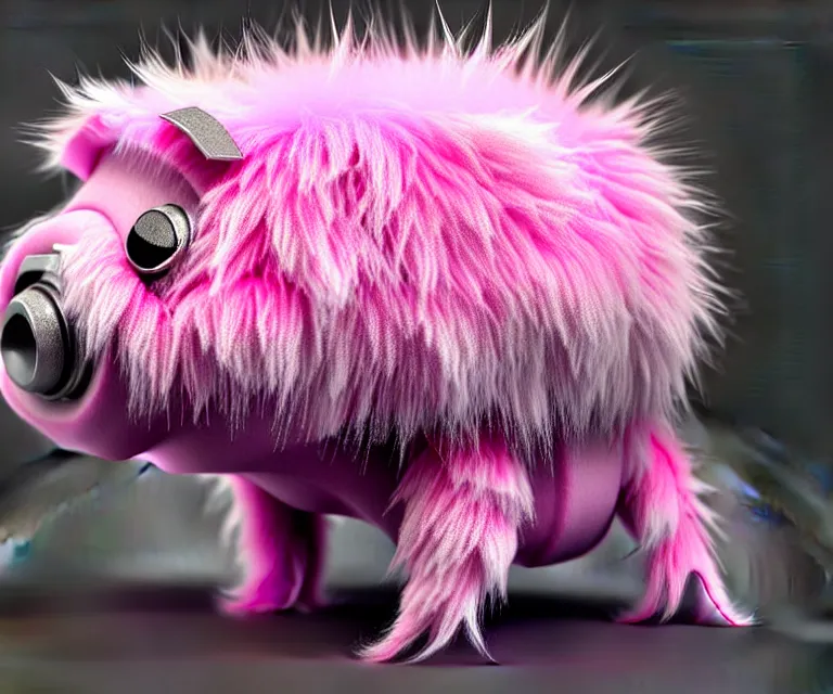 Image similar to high quality 3 d render hyperrealist very cute small tardiradiant, plush mascot, spiky fluffy smooth hair, photo from the side, pink fluffy fur,, fractal veins. cyborg, 1 5 0 mm, beautiful natural soft light, rim light, vray, smooth background, artstation, ultra detailed