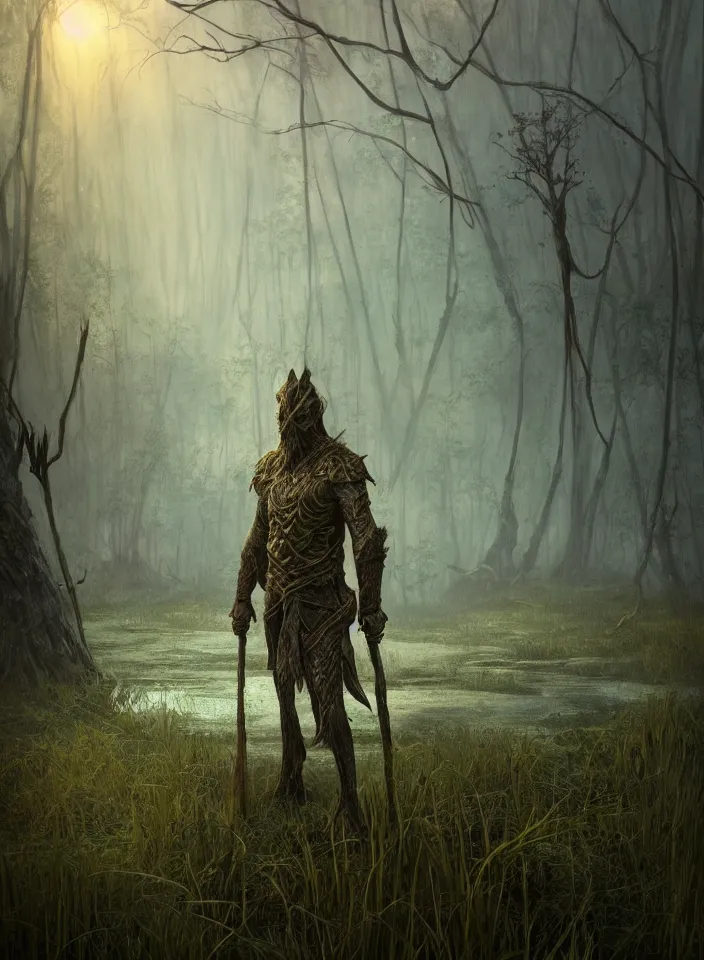 Prompt: a portrait of an onodrim ent guarding the marshy swamps from skyrim, fantasy setting, serene environment, serene colors, soft lighting, atmospheric, cinematic, moody, in the style of diego koi, gina heyer, luiz escanuela, art by alyssa monk, hyperrealism, rule of thirds, golden ratio, oil on canvas, 8 k