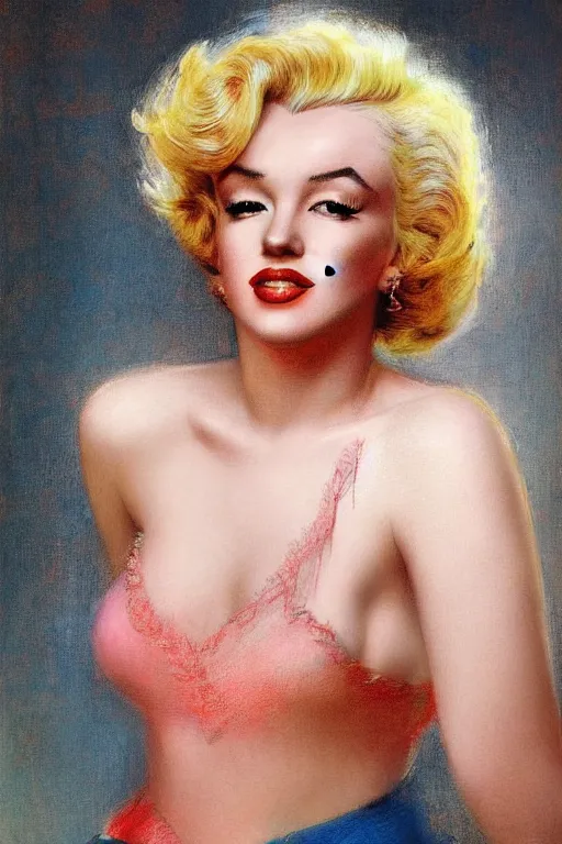 Prompt: A beautiful portrait of marilyn monroe , frontal, digital art by Eugene de Blaas and Ross Tran, vibrant color scheme, highly detailed, in the style of romanticism