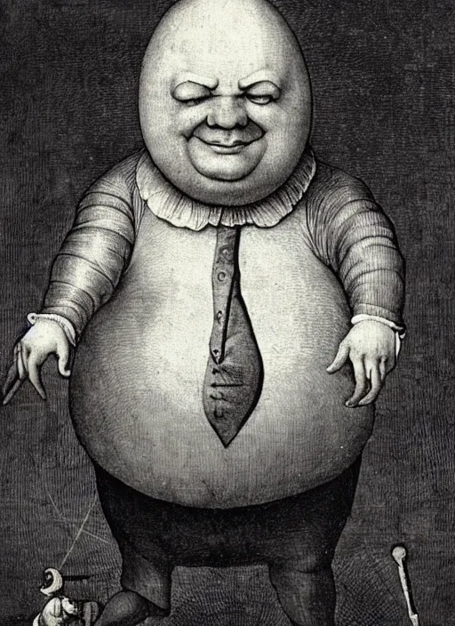 Image similar to 1 8 0 0 s style full body detailed photograph of silly fat and round humpty dumpty with jack black facial expression, realistic, hieronymus bosch