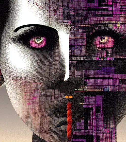 Image similar to female face on a backdrop of data, Industrial Scifi, detailed illustration, character portrait, by Martin Grip and Moebius