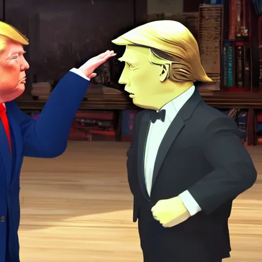 Image similar to Donald Trump and Vladimir Putin dancing to hip hop music by H.P. Lovecraft and abaddon and magali villeneuve and ghibli and moebius and Alphonse Mucha and Takashi Murakami, 8k, epic scene, scifi, unreal engine, trending on cg station. masterpiece.