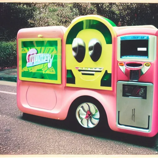 Prompt: a candy machine car, Fujifilm Quicksnap 400