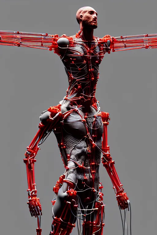 Prompt: a statue jesus on cross made of red marble with wires, tubes, veins, perfect symmetrical body, full body shot, inflateble shapes, white biomechanicaldetails, wearing epic bionic cyborg implants, masterpiece, intricate, biopunk, vogue, highly detailed, artstation, concept art, cyberpunk, octane render