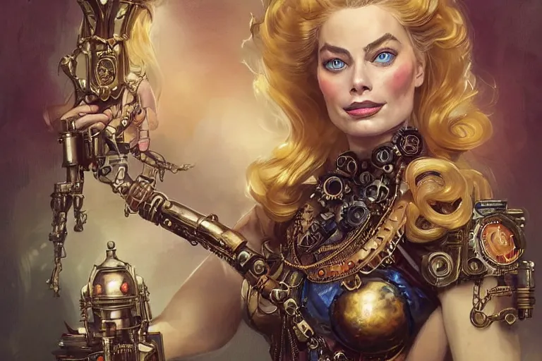 Prompt: three-quarters pose portrait of Margot Robbie as a beautiful Lady Mechanika, very beautiful young woman, ginger wavy hair, Victorian-era push-up underwire. Intricate, steampunk imagery themed, D&D!, fantasy style, sharp focus!, ultra detailed, art by Artgerm and Peter Andrew Jones