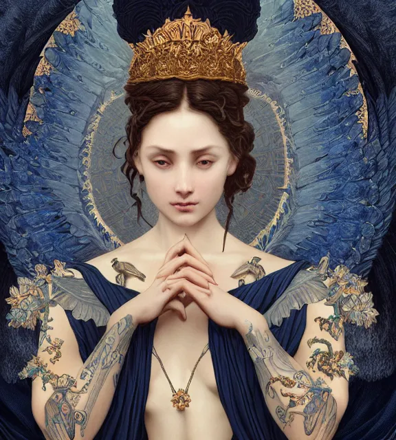 Image similar to god of death, in the underworld, elegant dark blue dress, very detailed, throne, very intricate details, jewelry, delicate tattoos, elaborate long hairstyle, wings, cinematic, artstation, william bouguereau, alphonse mucha, greg rutkowski, rossdraws, octane render