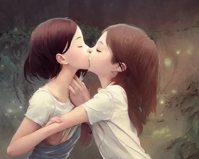 Image similar to two girls kissing and hugging, sharp details, sharp focus, elegant, highly detailed, illustration, by jordan grimmer and greg rutkowski and pine ( ハイネ ) and 薯 子 imoko and 香 川 悠 作 and wlop and maya takamura, intricate, beautiful, trending artstation, pixiv, digital art