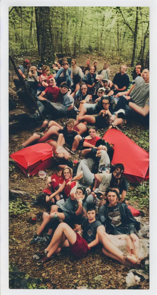 Image similar to polaroid photo of 9 0's highschool teenagers camping in the woods by a river holding red cups, sunset, campfire, realistic, grainy image, iso 1 6 0 0, blurred