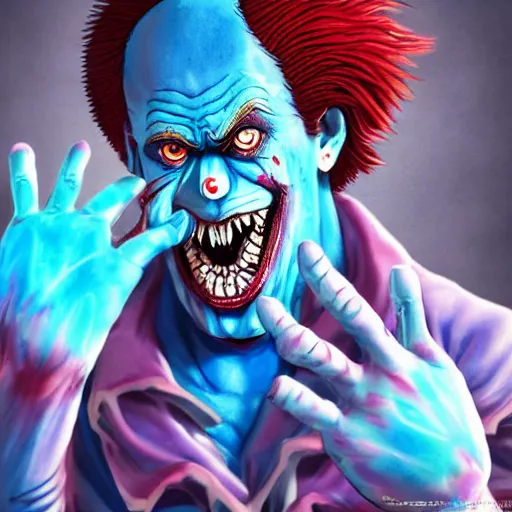 Image similar to 4K headshot of godlike clown with blue skin defined arms and open hands and bloody clothes with giant mandala wings , intricate clown face make-up , flawless anime cel animation by Kentaro Miura, psychedelic , highly detailed upper body , professionally post-processed , beautiful, scary, symmetry accurate features, epic, octane rendered, anime masterpiece, accurate