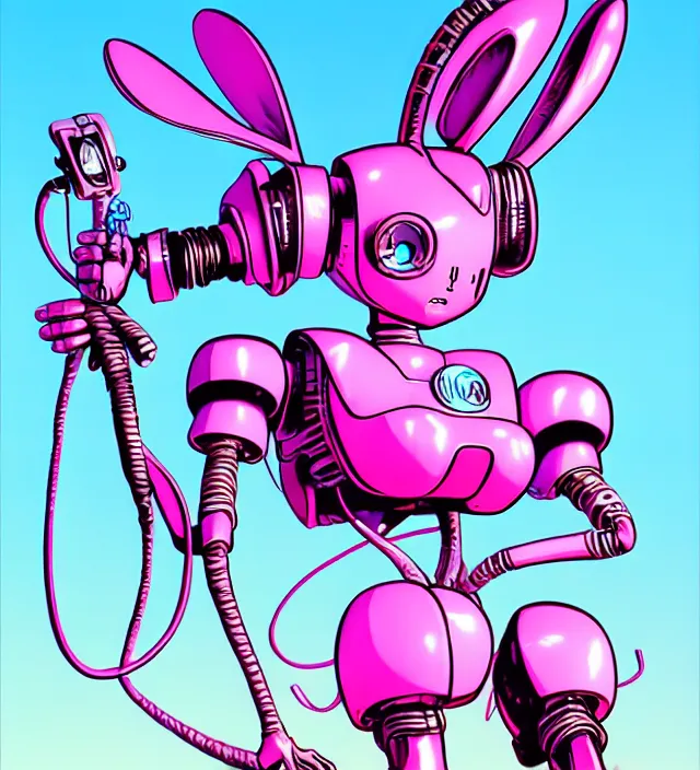 Image similar to retrowave robot rabbit girl, carrying eletro - whip, animation character design by akira toriyama, don bluth, jack kirby, alex toth, capcom, action - adventure, sharp detail, artstation trending, conceptart. com