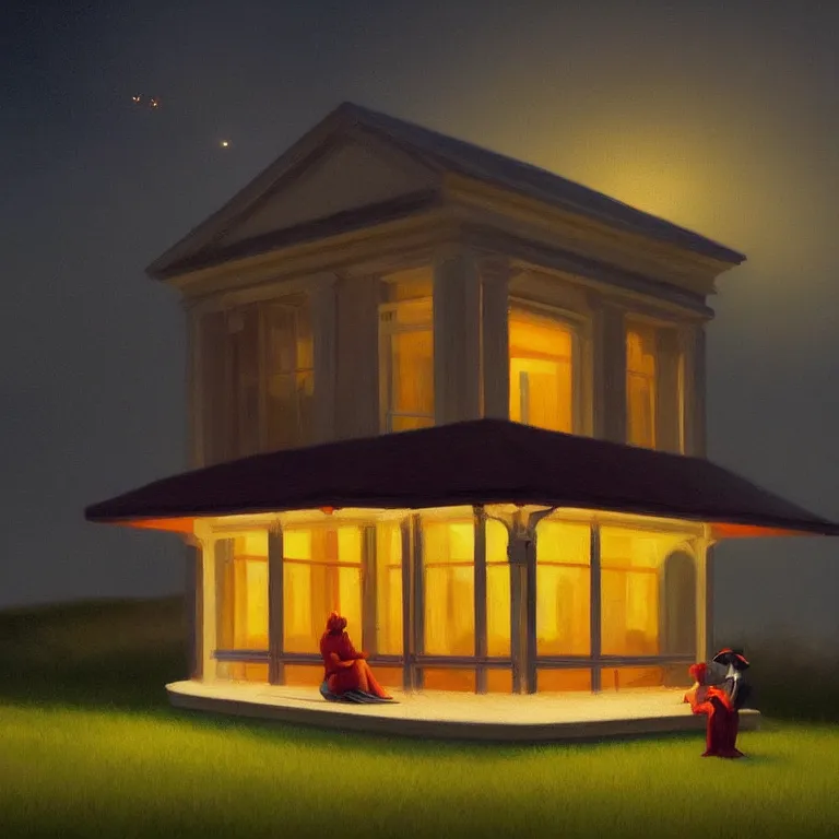 Image similar to a storybook illustration of a scared animal, fireflies, quiet night foggy scene painted by Edward Hopper masterpiece, intricate, elegant, fantasy, highly detailed, digital painting, concept art, sharp focus, artstation