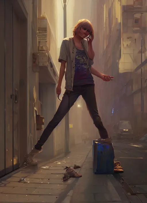 Image similar to Highly detailed full-body portrait of homeless and bruised Taylor Swift, in GTA V, Stephen Bliss, unreal engine, fantasy art by Greg Rutkowski, Loish, Rhads, Makoto Shinkai and Lois van baarle, ilya kuvshinov, rossdraws, Tom Bagshaw, global illumination, radiant light, detailed and intricate environment