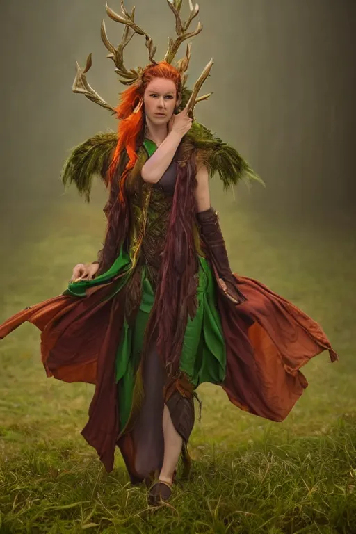 Image similar to Marisha Ray as Keyleth from Vox Machina, Half-elf Druid, realistic cinematic shot, swirling nature magic, subtle fog and mood lighting