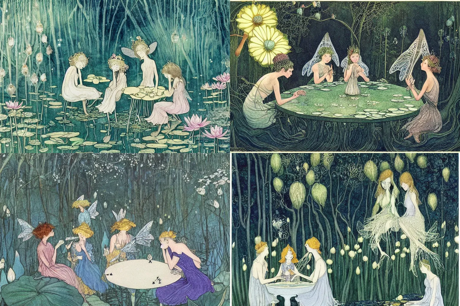 Prompt: a group of gracious winged fairies playing cards on a table in an atmospheric moonlit forest next to a beautiful pond filled with water lilies, artwork by ida rentoul outhwaite