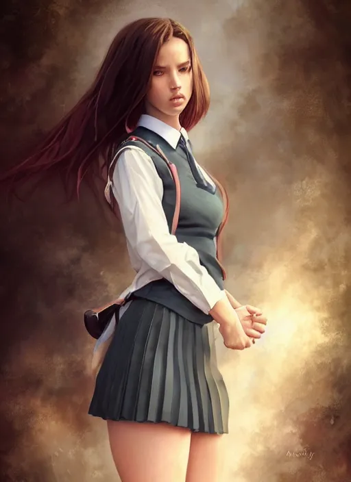 Image similar to a beautiful woman with school uniform, seifuku, pleated miniskirt, overknee socks, adriana lima, painted by artgerm and tom bagshaw, fantasy art, dramatic lighting, highly detailed oil painting, volumetric lighting