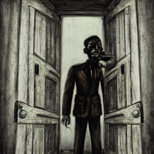 Image similar to A surreal interpretation of guilt, sorrow, dread, pain, and disgust with a man screaming in an empty locked courtyard detailed creepy WWII styled fine art.