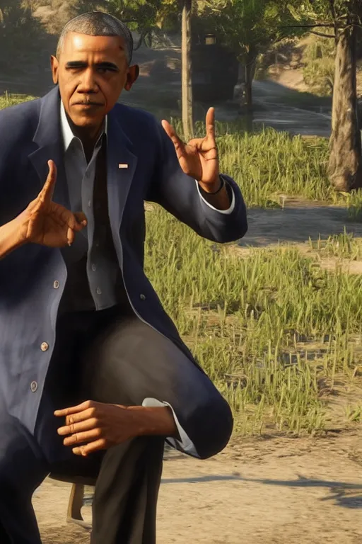 Image similar to obama doing an ok hand sign, cinematic, photoreal, by red dead redemption 2