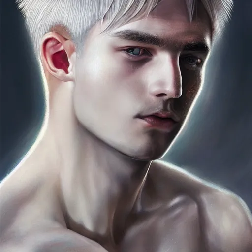 Image similar to a portrait of a young handsome prince with white fringy hair, elegant, beautiful, backlit, incredible lighting, strong rim light, highly detailed, god rays, digital painting, HDRI, by Heise Jinyao, Heise-Lian Yan Fang, Feimo, Richard Taddei, vivid colors, high contrast, 8k resolution, intricate, photorealistic, smooth