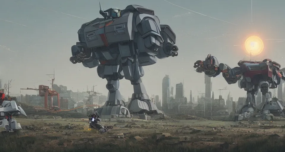 Image similar to Landscape with GIANT mechatronics megastructure looming in the distance fighting each other, inspired by gundam, cinematic, rendered by simon stålenhag, rendered by Beeple, Makoto Shinkai, syd meade, environment concept, digital art, unreal engine, 3 point perspective, WLOP, trending on artstation, low level, 4K UHD image, octane render,