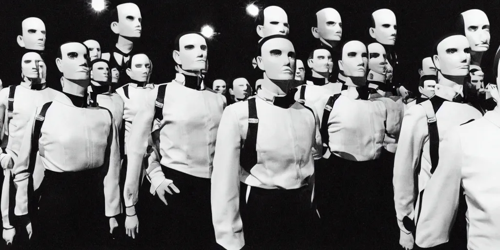 Prompt: An army of Kraftwerk members