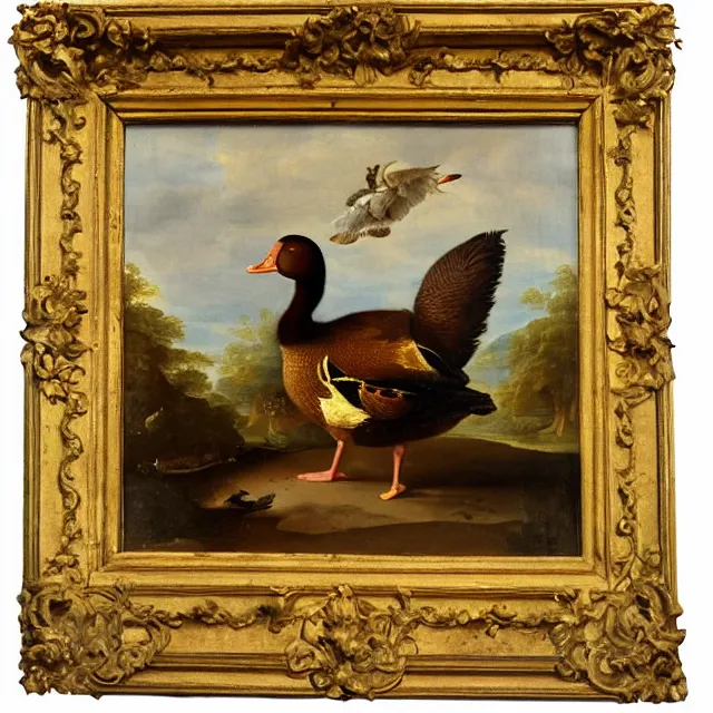 Image similar to baroque dutch painting from 1 6 7 0 of a duck holding a trangle