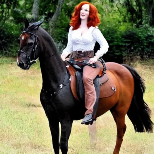 Prompt: christina hendricks riding horse,