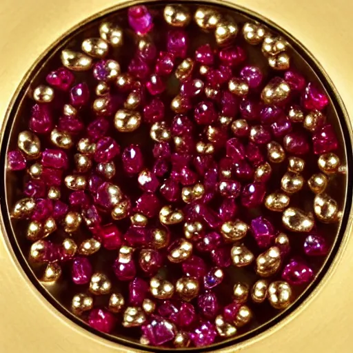 Image similar to 4 4 tiny rubies embedded in an engraved 1 8 k gold plate macro photo deviant realistic