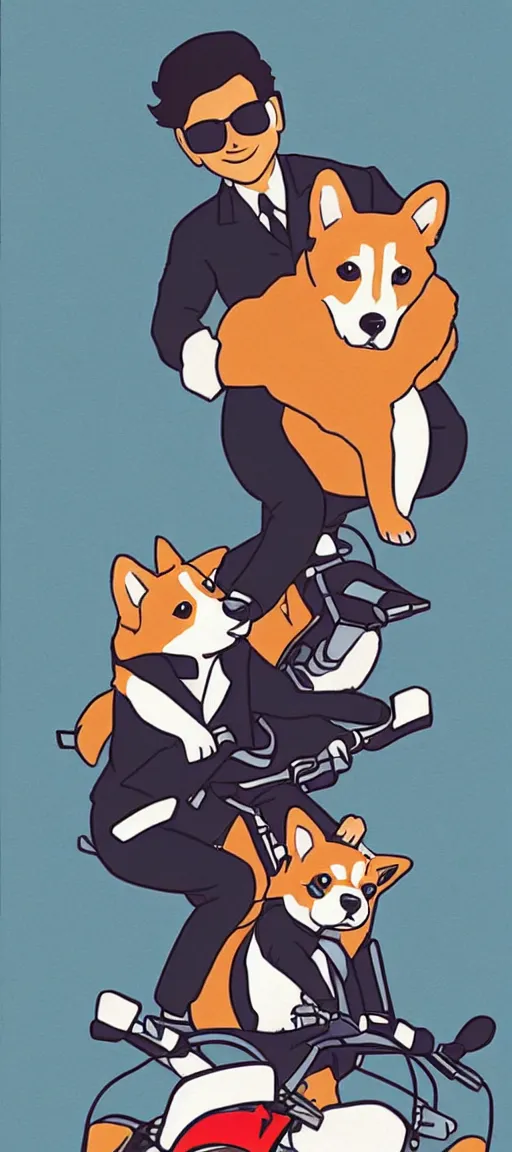 Prompt: A cute corgi riding a motorcycle in the style of Hiroshi Nagai