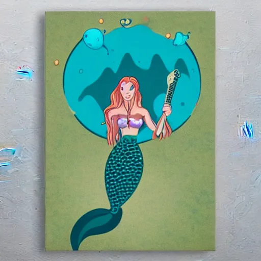 Prompt: illustration of a mermaid playing an stratocaster electric guitar, under the sea, limited colours, poster