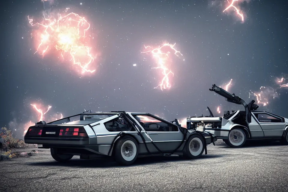 Image similar to ultra realistic delorean dmc 5 and trueno ae 8 6 drift on road wreckage orbiting earth in space, dark cinematic, volumetric, realistic, 3 d render, realistic render, cinematic lighting, volumetric lighting, atmospheric, cinematic, unreal engine 5, unreal engine render, octane render, hd, photorealism, hyper realistic, 8 k